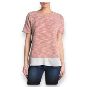 Emilia Tweed Chiffon Short Sleeve Loose-Fit Blouse Women's M Rust Orange White